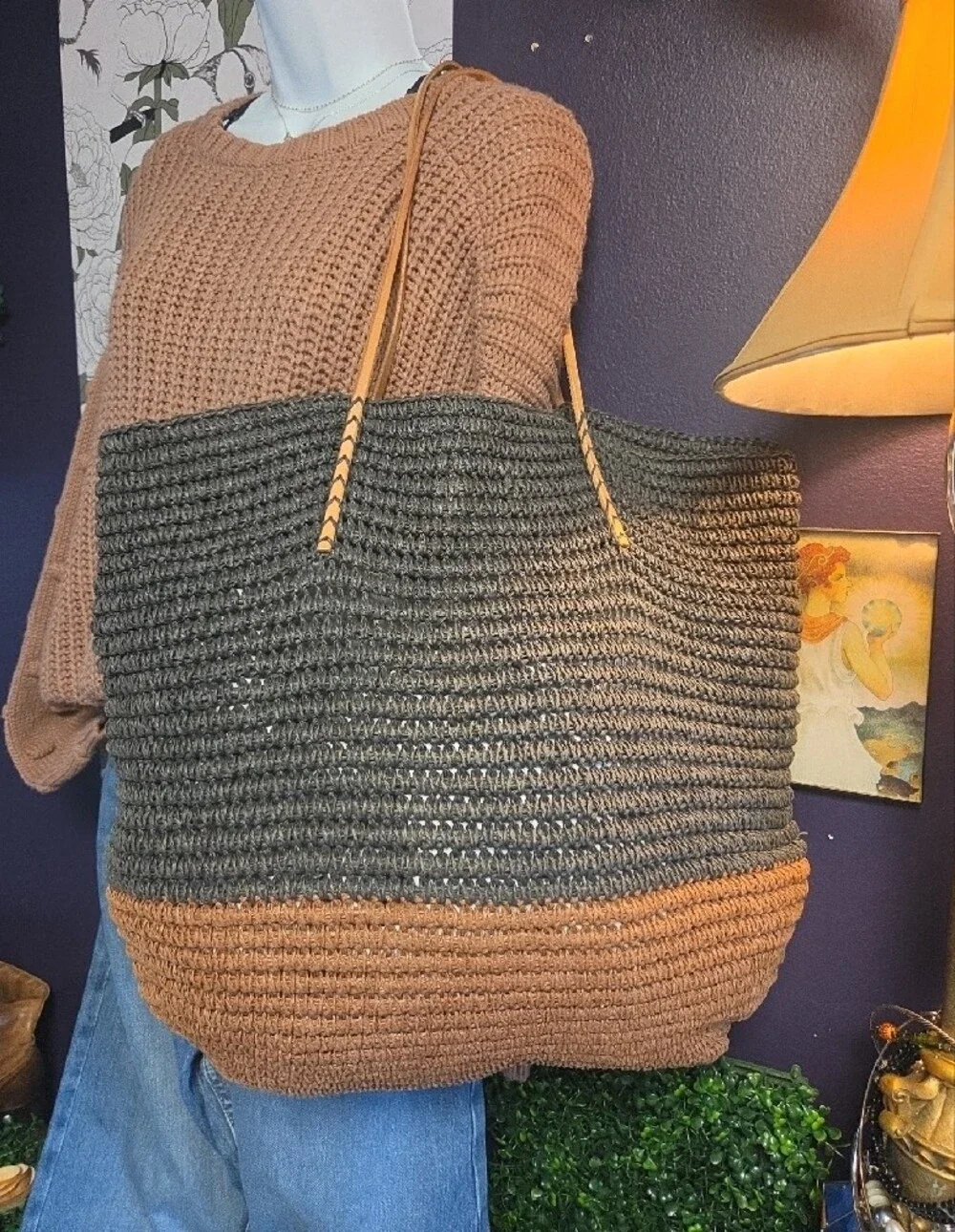 Merona Paper & Leather Two-Tone Woven Tote - Black and Brown with Tan Handles
